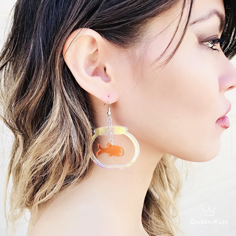 Cute Light Trendy Fish Tank and Orange Fish Earrings - Glub Buddy!!