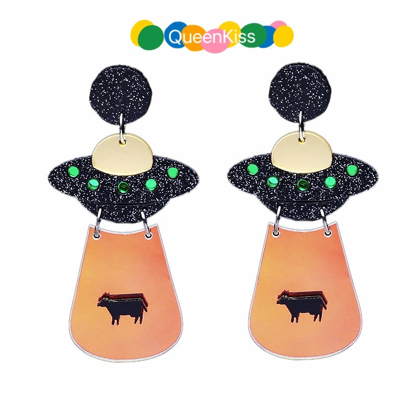 Cute Light Trendy Quirky Black and Purple UFO Earrings Alien Sucking Cow In Earrings - We need you!!