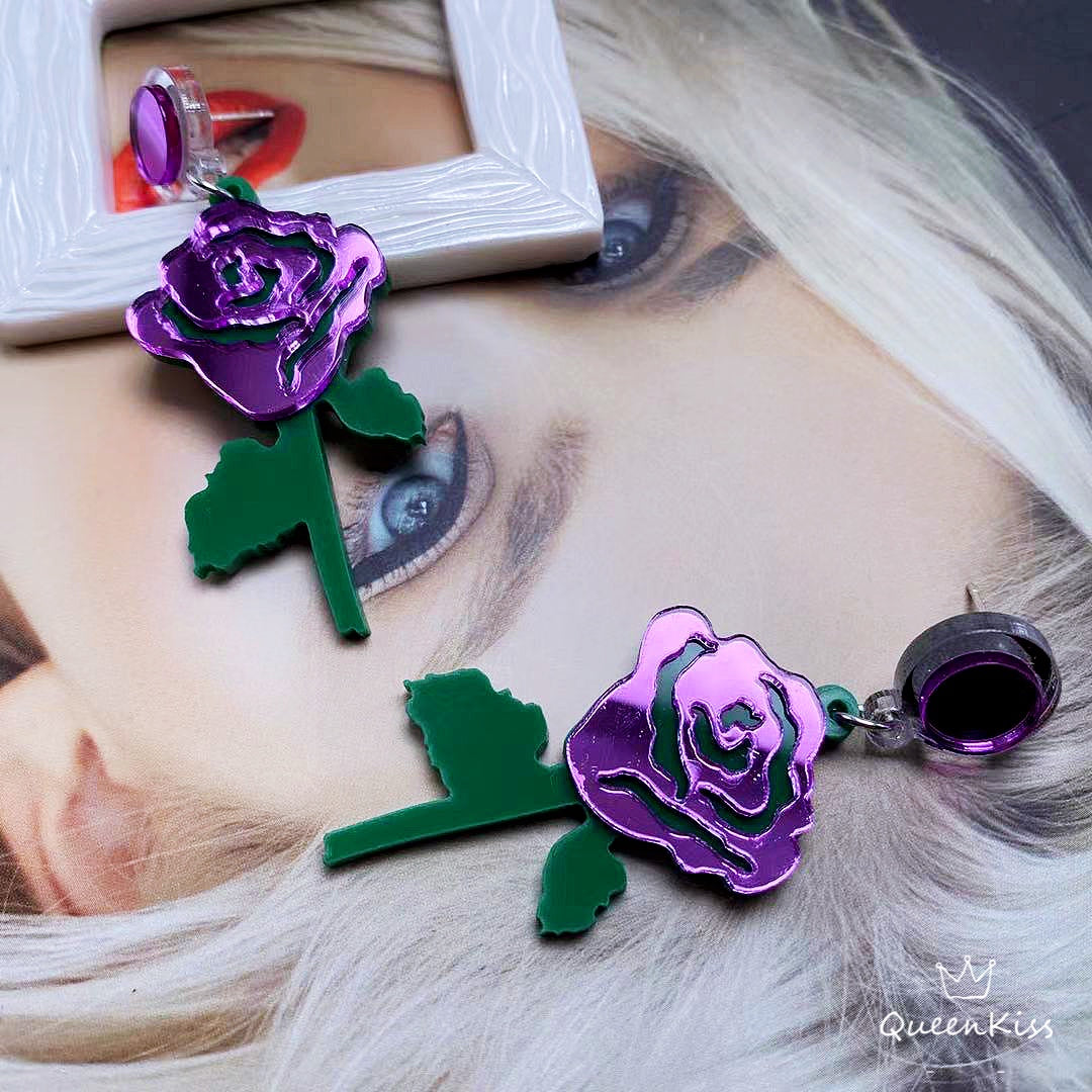 Cute Light Trendy Acrylic Adorable Purple Flower and Green Leave Earrings - Flowers Everywhere!!