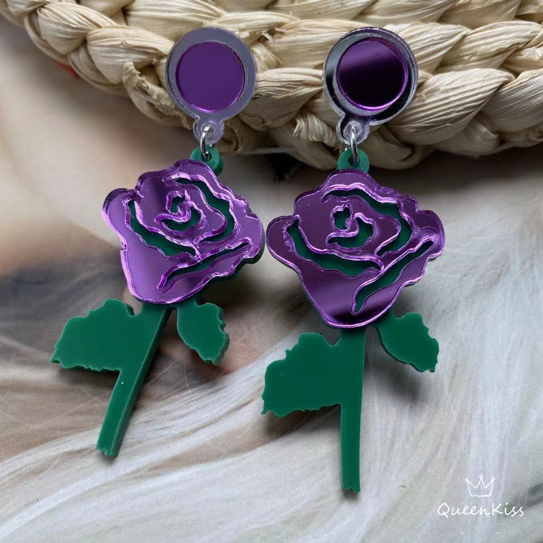 Cute Light Trendy Acrylic Adorable Purple Flower and Green Leave Earrings - Flowers Everywhere!!