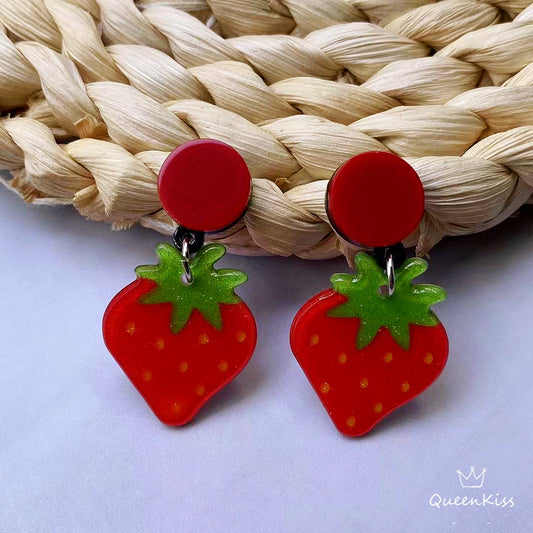 Cute Light Trendy Adorable Red Strawberry and Green Leaves Earrings - Pretty Girl!!