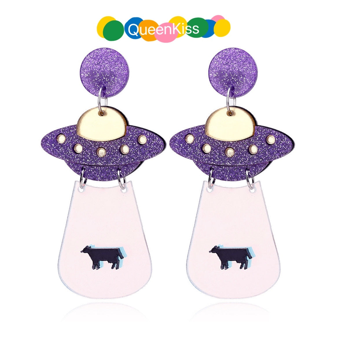 Cute Light Trendy Quirky Black and Purple UFO Earrings Alien Sucking Cow In Earrings - We need you!!