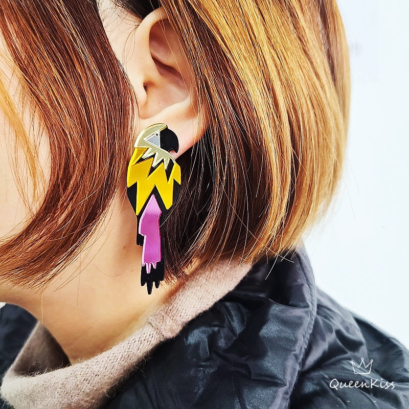 Cute Parrot Yellow Orange Purple Forest Style Earrings - Forest Baby!!