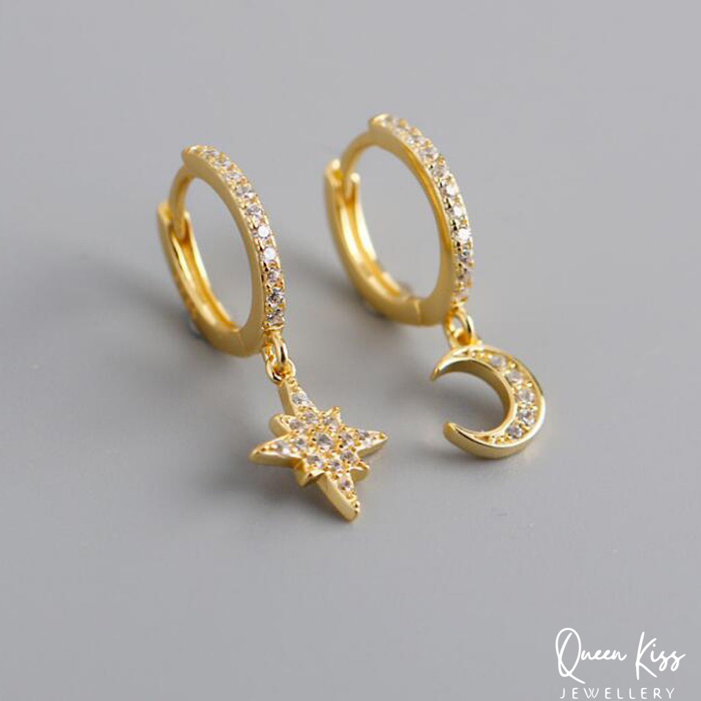 Moon and Star 18 Karat Gold Plated Sterling Silver Cubic Zirconia Crystals Gold and Silver Dangle Hoop Clasp Sold as A Pair