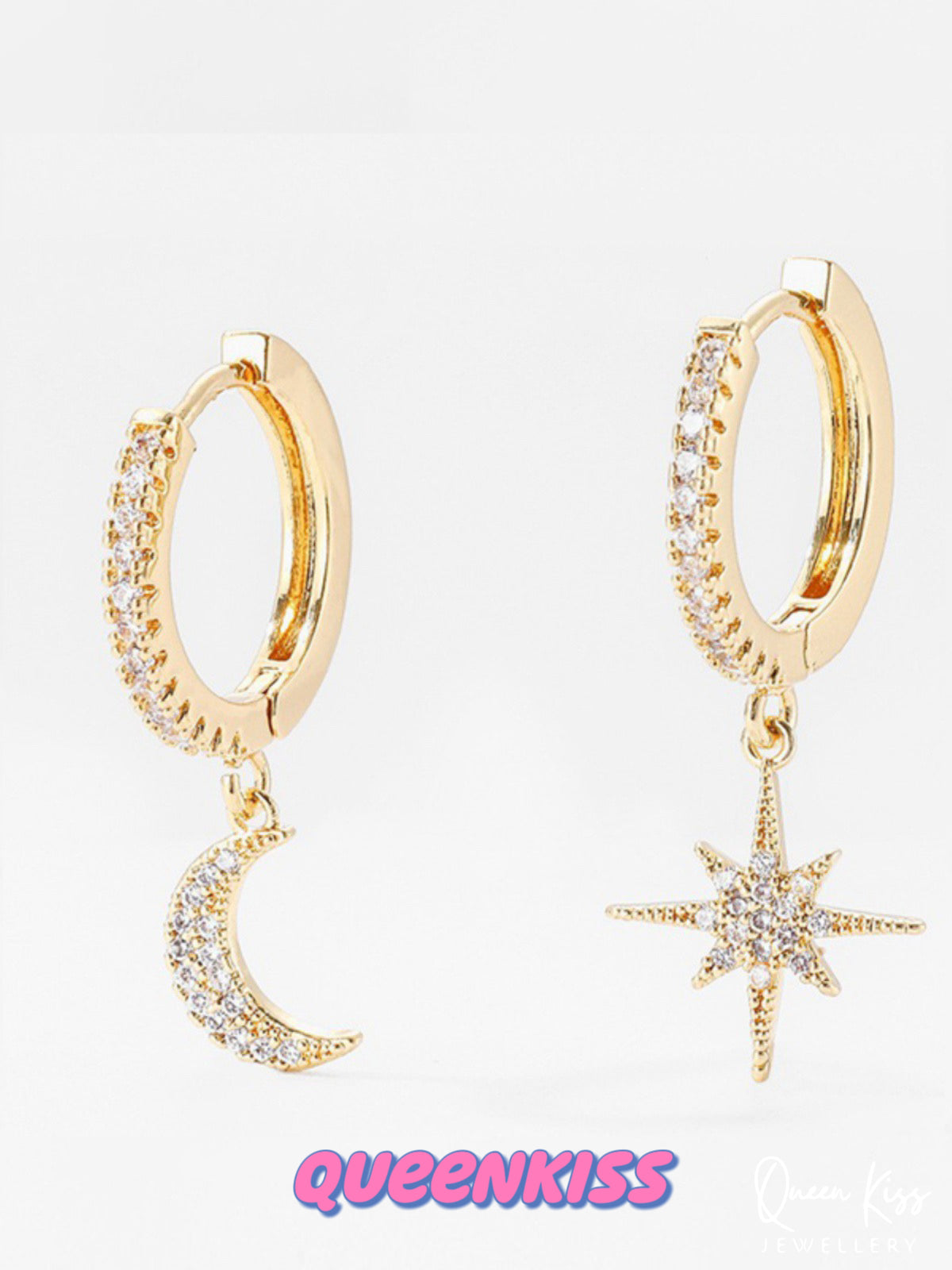 Moon and Star 18 Karat Gold Plated Sterling Silver Cubic Zirconia Crystals Gold and Silver Dangle Hoop Clasp Sold as A Pair