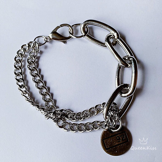 Funky Punk Stainless Steel Coin 92 Cool Double Chains Silver Bracelet -- Born in 1892!!