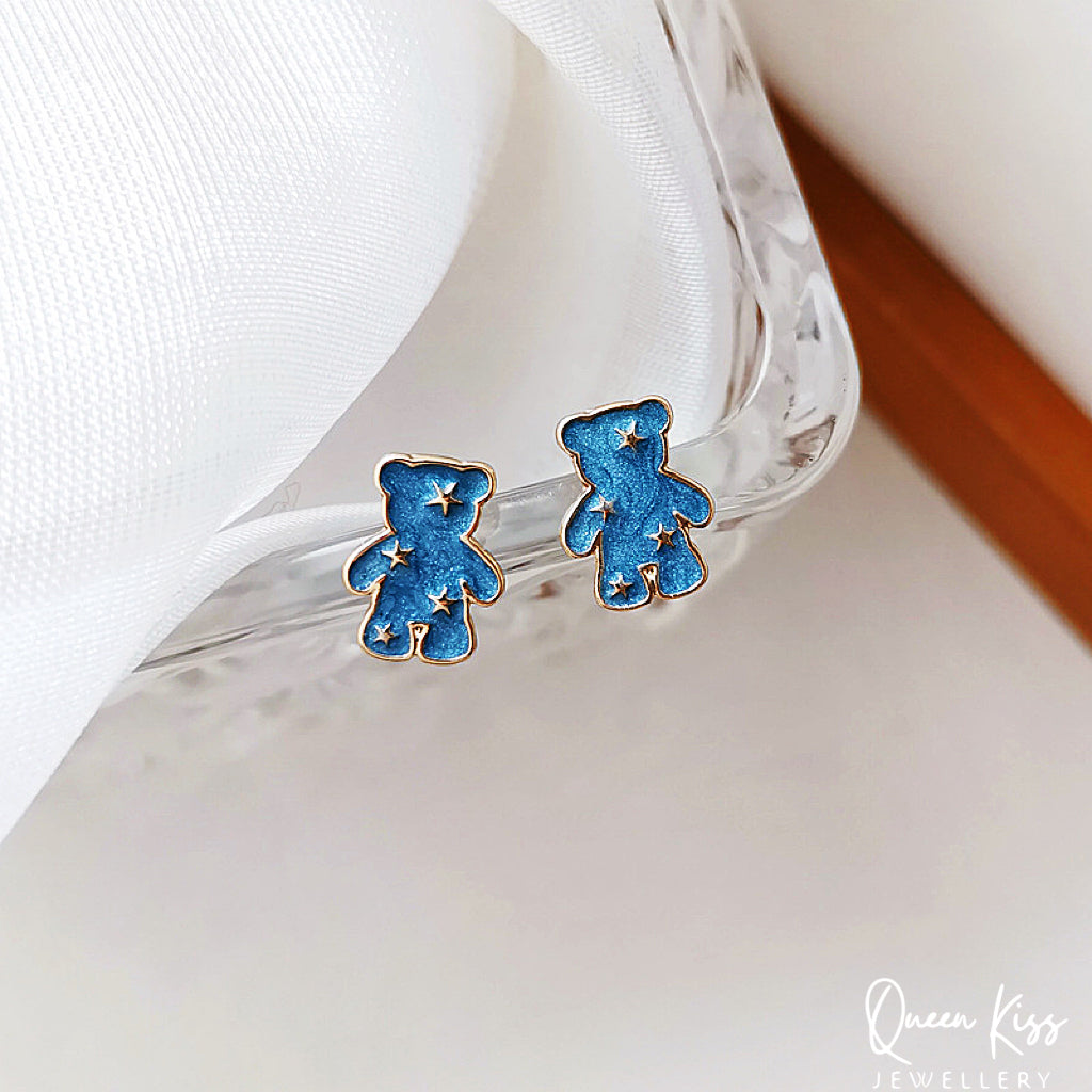 Sterling Silver 925 Stud Earrings Cute Blue Bear Star Stud Earrings Gift for her