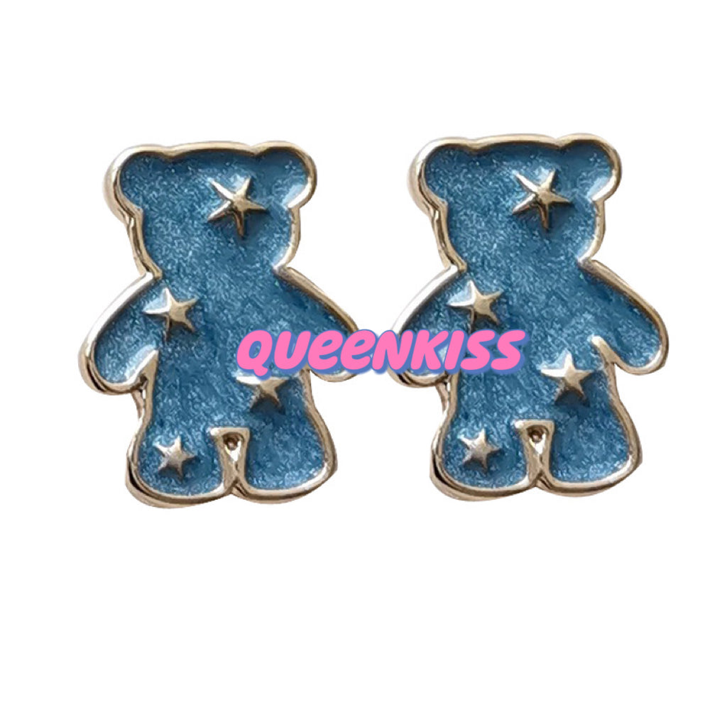 Sterling Silver 925 Stud Earrings Cute Blue Bear Star Stud Earrings Gift for her