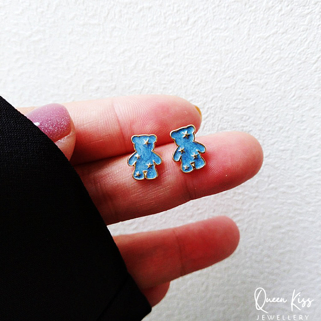 Sterling Silver 925 Stud Earrings Cute Blue Bear Star Stud Earrings Gift for her