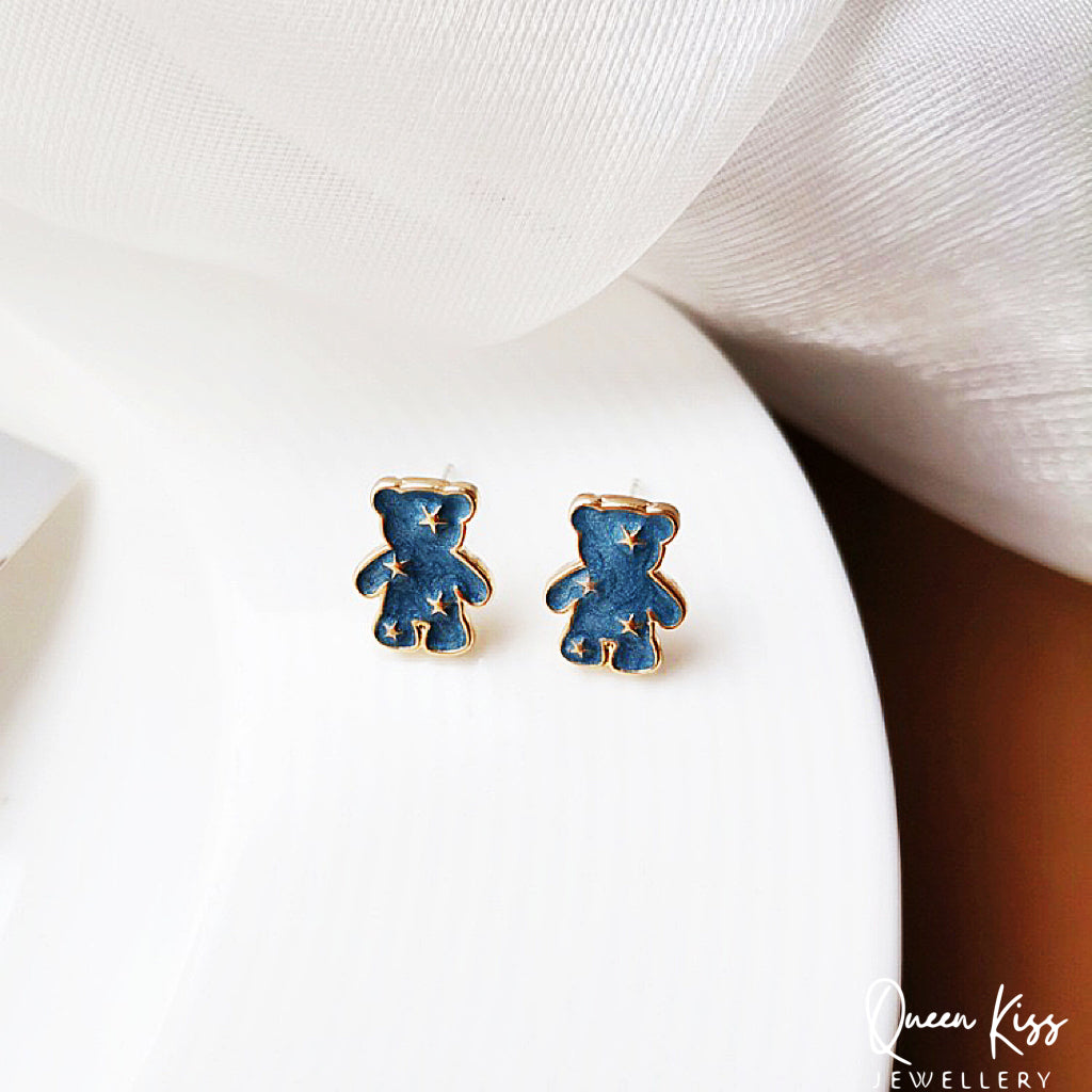 Sterling Silver 925 Stud Earrings Cute Blue Bear Star Stud Earrings Gift for her