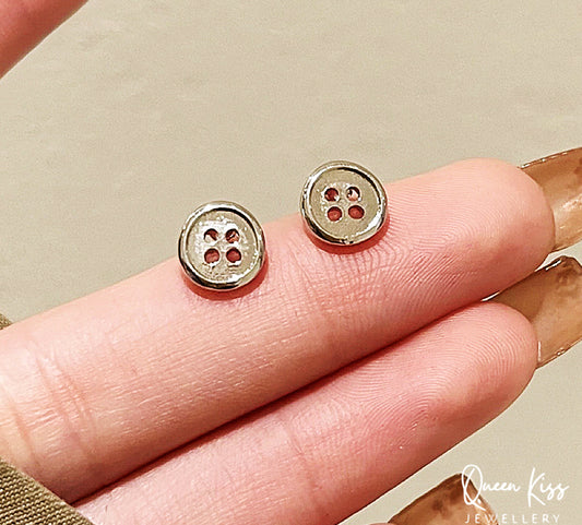 Cute Creative Button Pair of Earrings Silver stainless steel swoosh minimal studs For Man Woman Him Her- Button On!!!