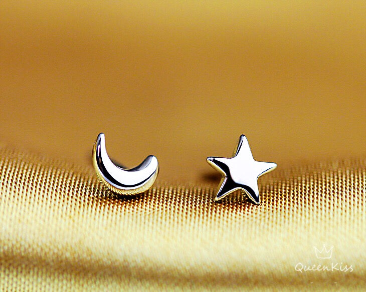 Sterling Silver 925 Stud Earrings Cute Star and Moon Stud Earrings Modern Studs Minimal Stud Earrings Gift for her