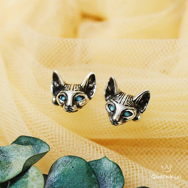 Sterling Silver 925 Stud Earrings Cute Cat Kitty Blue Eyes Sphynx Cat Stud Earrings Modern Studs Minimal Stud Earrings Gift for her