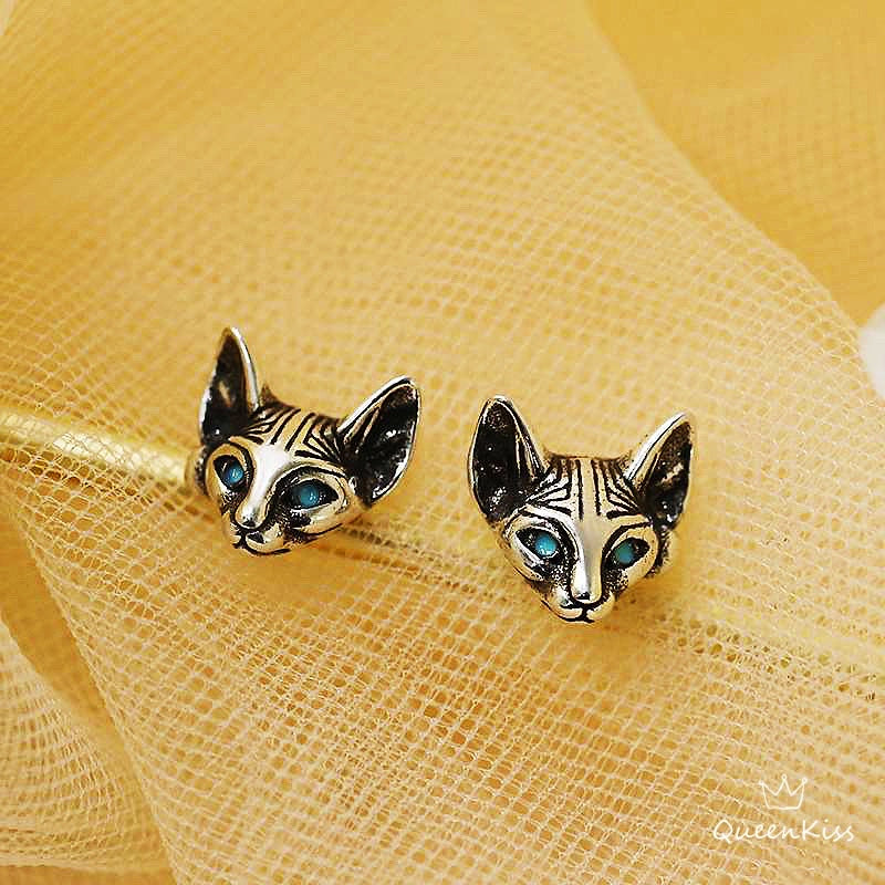 Sterling Silver 925 Stud Earrings Cute Cat Kitty Blue Eyes Sphynx Cat Stud Earrings Modern Studs Minimal Stud Earrings Gift for her