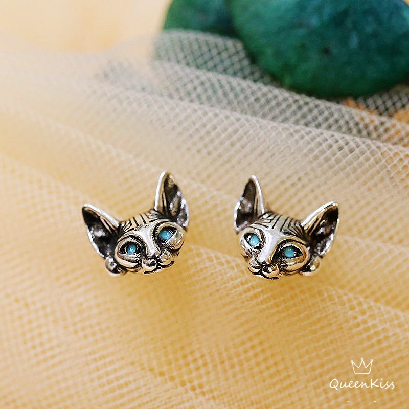 Sterling Silver 925 Stud Earrings Cute Cat Kitty Blue Eyes Sphynx Cat Stud Earrings Modern Studs Minimal Stud Earrings Gift for her