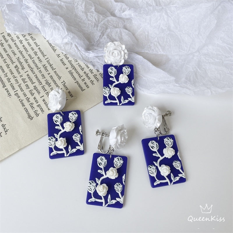 New Design Cute Light Trendy Adorable Acrylic Floral White Rose Blue Board Flower Earrings - Ms. Rosie!!