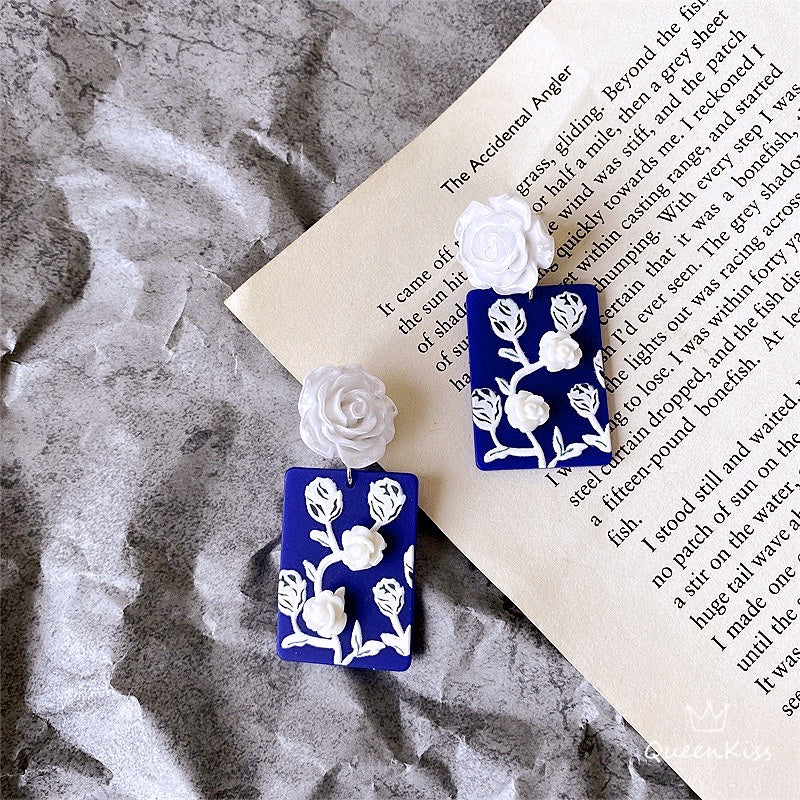 New Design Cute Light Trendy Adorable Acrylic Floral White Rose Blue Board Flower Earrings - Ms. Rosie!!