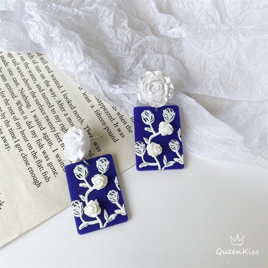 New Design Cute Light Trendy Adorable Acrylic Floral White Rose Blue Board Flower Earrings - Ms. Rosie!!