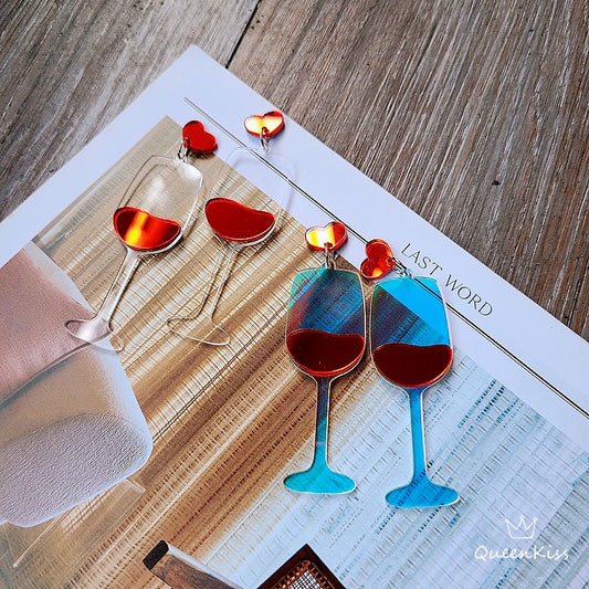 Cute Light Trendy Acrylic Adorable Red Heart Red Wine Blue And Transparent Earrings - Super BFF!!