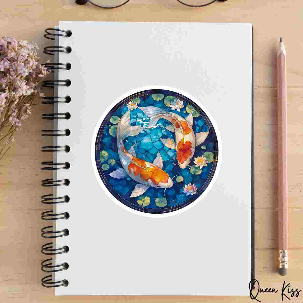 Cute Stained glass window of Japanese Koi fish Sticker, Sticker, Waterproof Glossy Sticker, Vinyl Sticker, Laptop Phone Notebook Mug Sticker -- Love in the pool