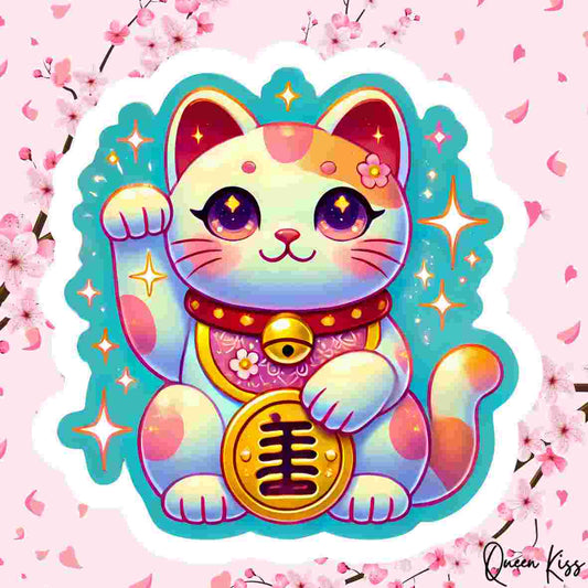 Cute Lucky Cat Sticker, Waterproof Glossy Sticker, Vinyl Sticker, Laptop Phone Notebook Mug Sticker -- Konichiwa