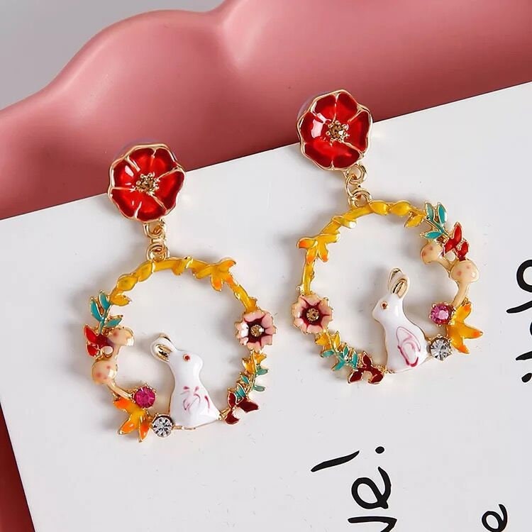 Enamel Nails Golden Creole Rabbit and Flower White Yellow Red Earrings -- Moon Garden!