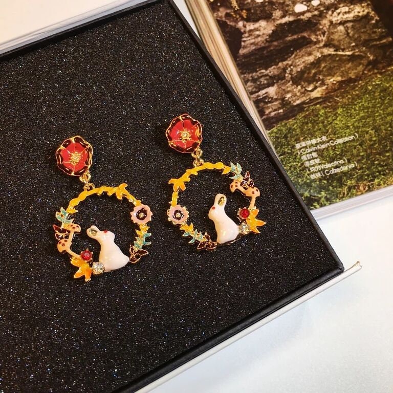 Enamel Nails Golden Creole Rabbit and Flower White Yellow Red Earrings -- Moon Garden!