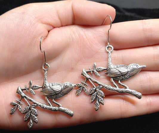 Sale!!!Birds standing on the Twig Silver Earrings -- Singing Twins!!