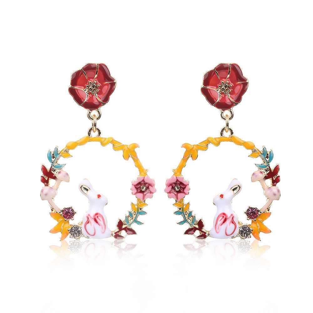 Enamel Nails Golden Creole Rabbit and Flower White Yellow Red Earrings -- Moon Garden!