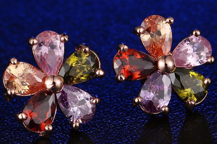 Rainbow Red Pink Green Purple Orange Floral Flower Rosegold Cubic Zirconic Zirconia Zircon Stud Earrings--May Flower!!