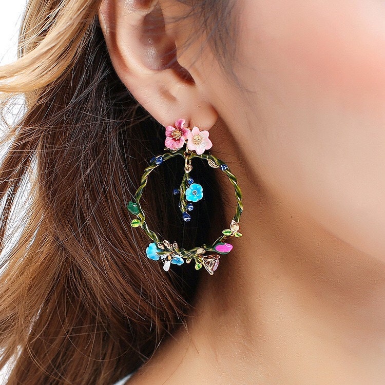 Enamel Sterling Silver Pink Green Blue Leaves Flowers Big Circle Dangle Earrings -- Graceful Fairy!!