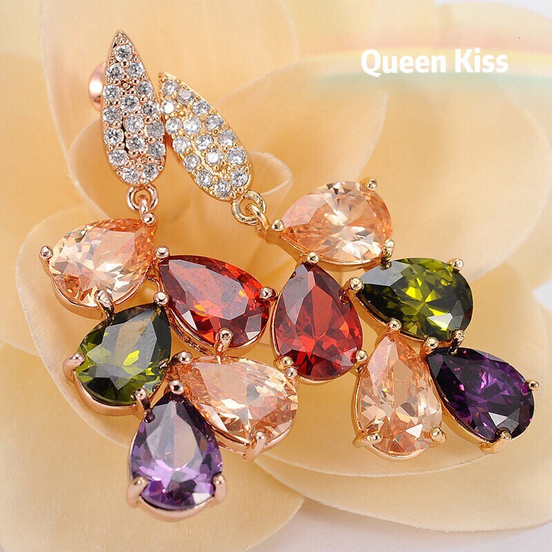 Fully Jewelled Rainbow Colourful Green Purple Orange Red Cubic Zirconia Zircon Zirconic Earrings -- Queen's Kiss!!