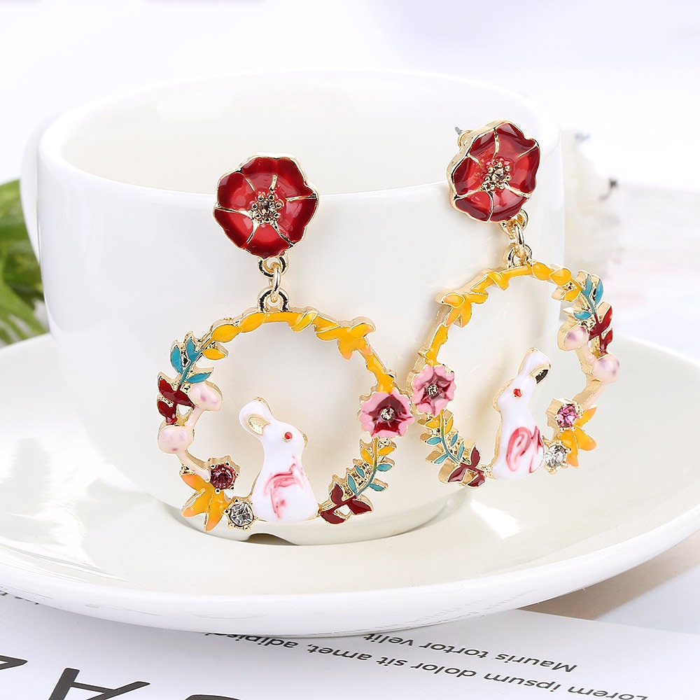 Enamel Nails Golden Creole Rabbit and Flower White Yellow Red Earrings -- Moon Garden!