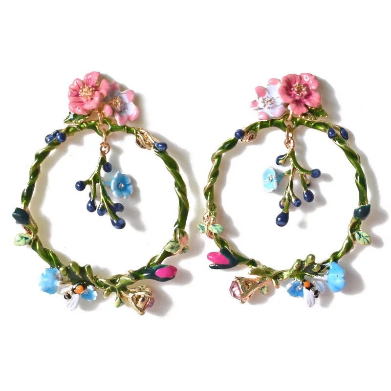 Enamel Sterling Silver Pink Green Blue Leaves Flowers Big Circle Dangle Earrings -- Graceful Fairy!!