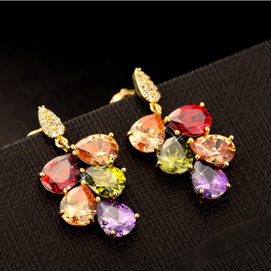 Fully Jewelled Rainbow Colourful Green Purple Orange Red Cubic Zirconia Zircon Zirconic Earrings -- Queen's Kiss!!