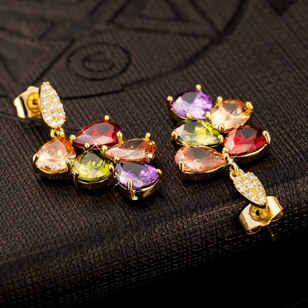 Fully Jewelled Rainbow Colourful Green Purple Orange Red Cubic Zirconia Zircon Zirconic Earrings -- Queen's Kiss!!