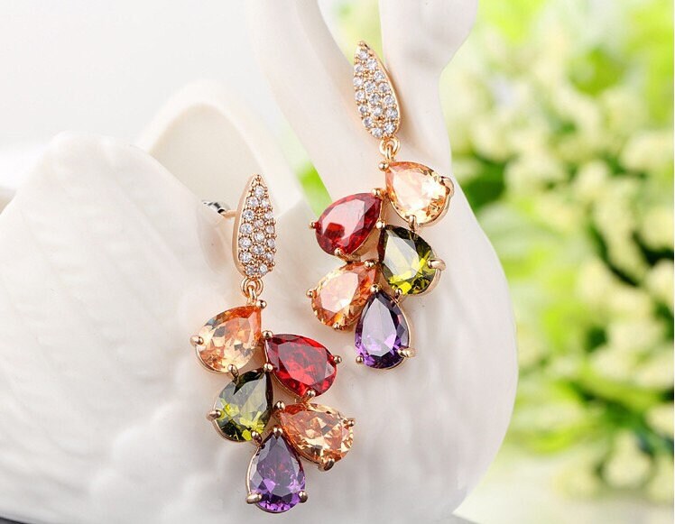 Fully Jewelled Rainbow Colourful Green Purple Orange Red Cubic Zirconia Zircon Zirconic Earrings -- Queen's Kiss!!