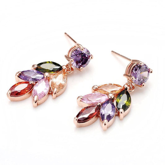 Fully Jewelled Rainbow Colourful Purple Orange Red Cubic Zirconia Zircon Zirconic Flower Earrings --Whisper of Love!!