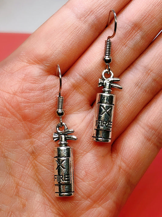 Sale!!!Cute Fire Flame Fire Extinguisher Silver Earrings -- No Fire No Love!!