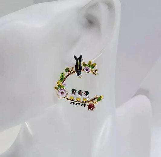 Enamel Lovely Swallow Family Mother Feeding Kids Flower Black Yellow Green Big Half Circle Earrings -- The Greatest of Love!!