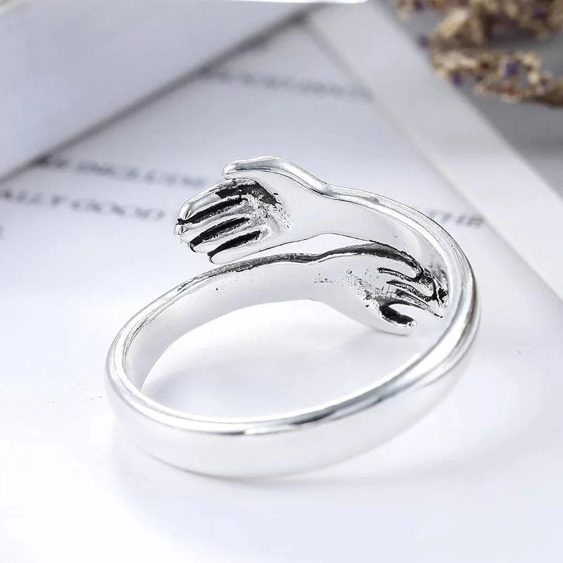 Best Seller S925 Sterling Silver Vintage Hands Hugs Adjustable Silver Ring