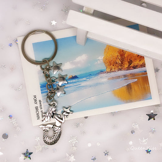 Dancing Mermaid Holding Star and Three Stars Keyring Key Ring Keychain - Wish Upon the Stars!!