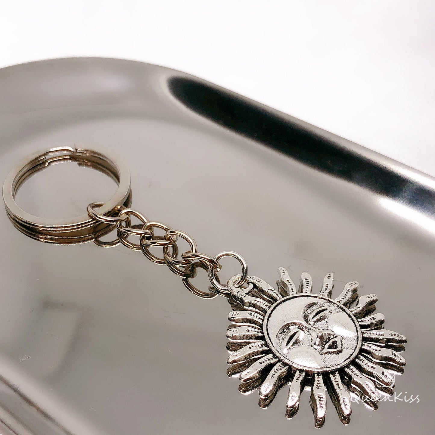 Mr. Smiley Sun Face Silver Keyring Key Ring Keychain - Tomorrow is another day!!