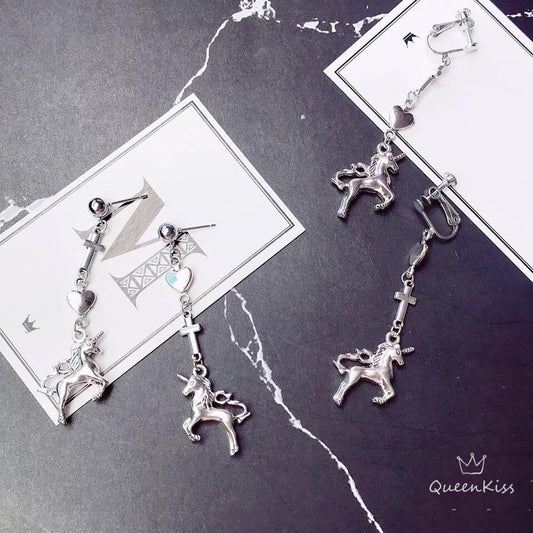 Sale!!! Unicorn Twins Cross Heart Silver Earrings -- Merry-go-round!!