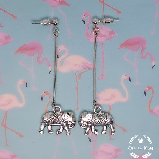 Long Dropping Cute Elephant Silver Earrings - Dancing on the Grass!!!