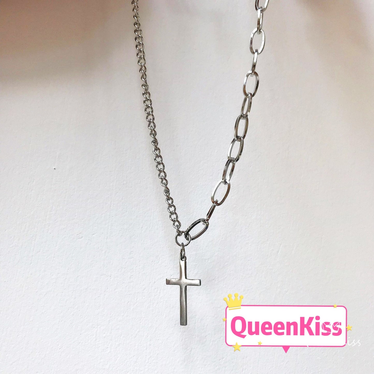 Funky Punk Stainless Steel Cross Cool Silver Necklace -- One and Only!!