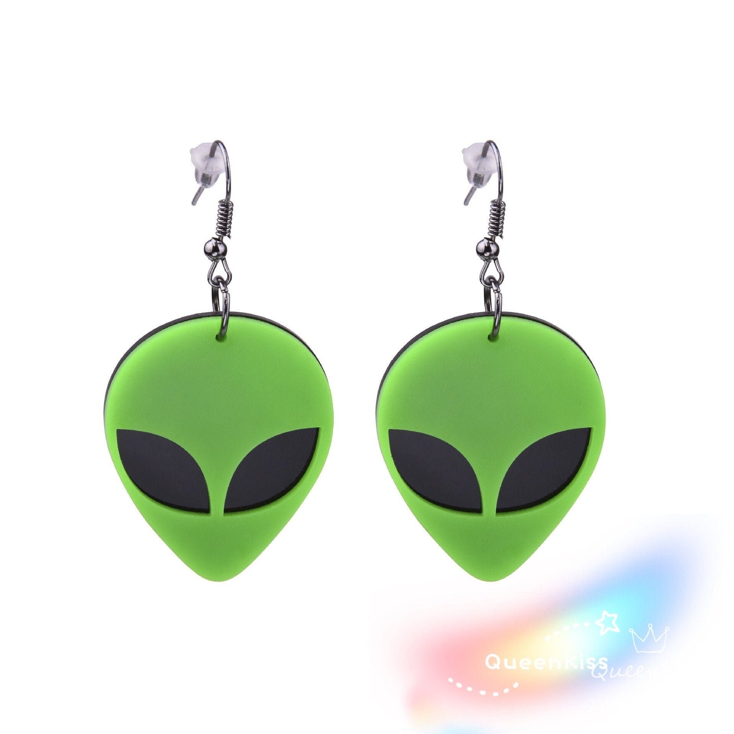 Cute Light Trendy Quirky Green Alien Black Eyes Brother Earrings - Let's rock it!!