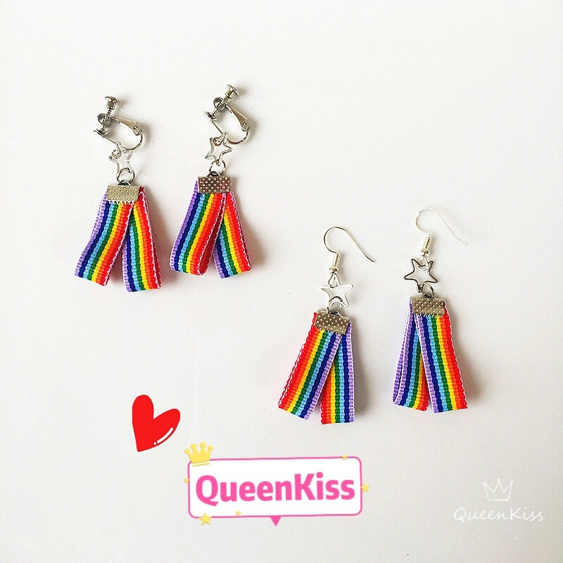 Super Sweet Rainbow Colourful Ribbon Heart and Star Earrings -- Somewhere over the Rainbow!!