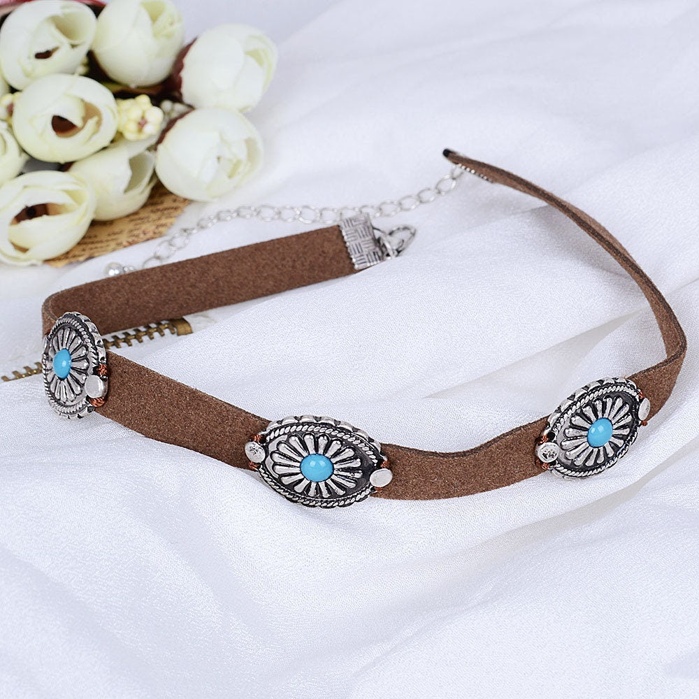 Cool Leather Three Coins Brown and Blue Adjustable Choker Necklace -- Coin Chock!!