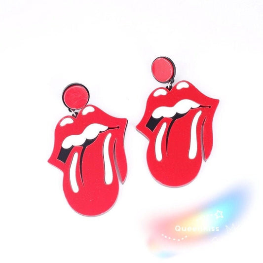 Cute Light Trendy Red Tongue and Lips Out Acrylic Earrings - Kiss Me!!